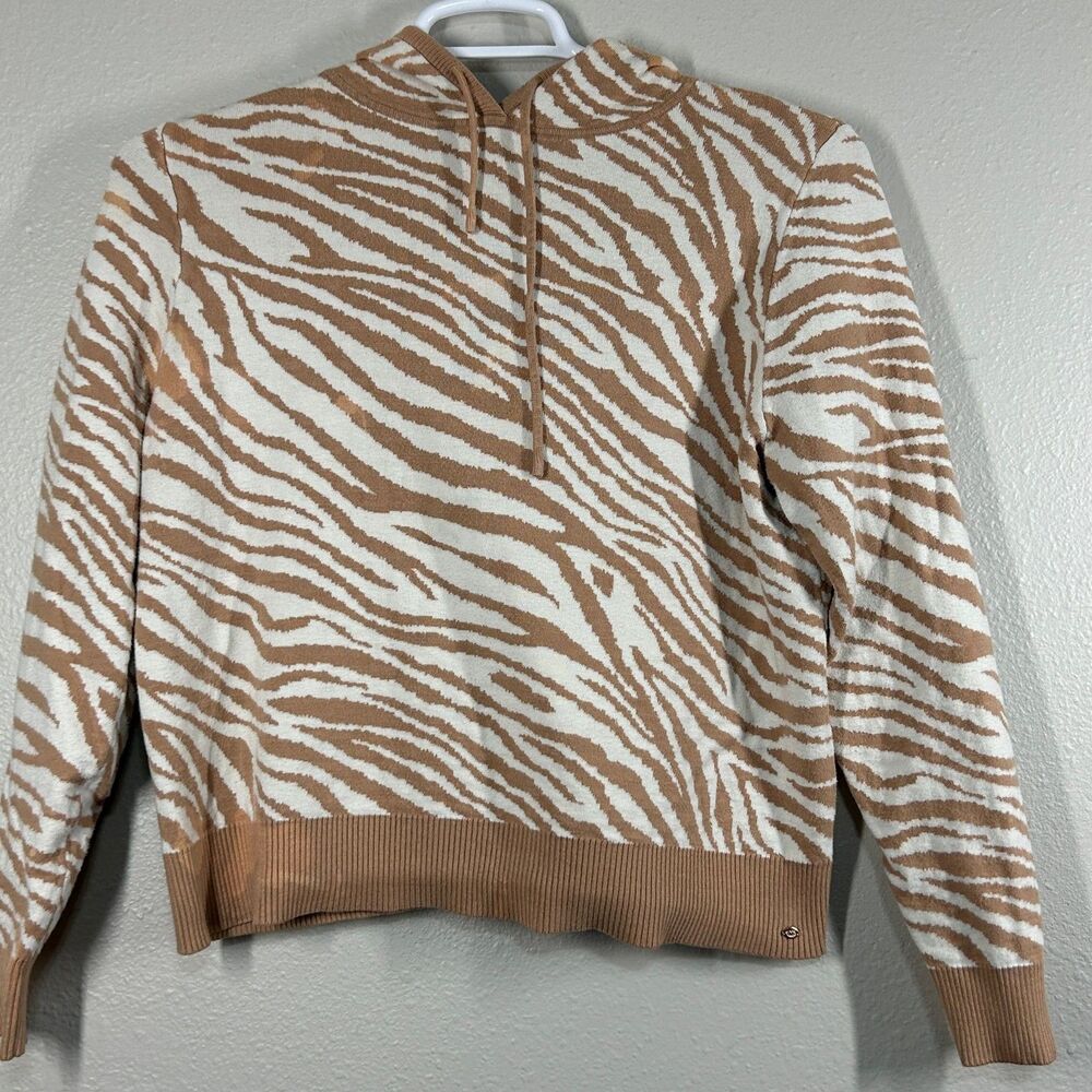 SOFIA by Sofia Vergara Sweater Womens L Hooded Pullover Zebra Print Tan White
